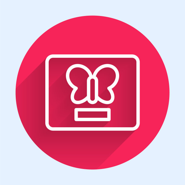 白线蝴蝶在一个框架图标孤立的长阴影背景。植物标本。红色圆圈按钮。向量图片下载