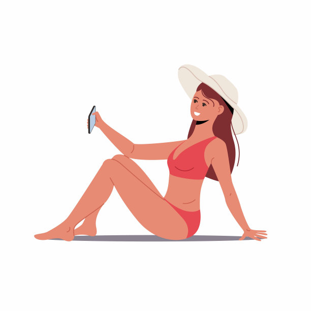 穿着比基尼的女人自拍。漂亮的年轻女子在泳装，坐着和拍摄智能手机自拍图片下载