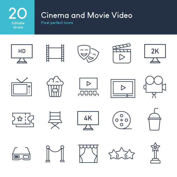 电影和电影视频-细线图标矢量的集合图片下载
