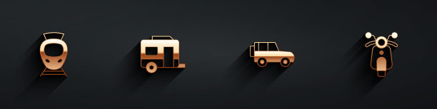 集有轨电车和铁路，房车露营拖车，越野车和摩托车图标与长阴影。向量图片下载