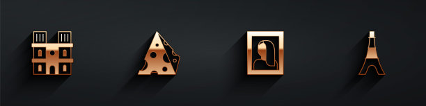 设置巴黎圣母院，奶酪，博物馆肖像画和埃菲尔铁塔图标长阴影。向量图片下载