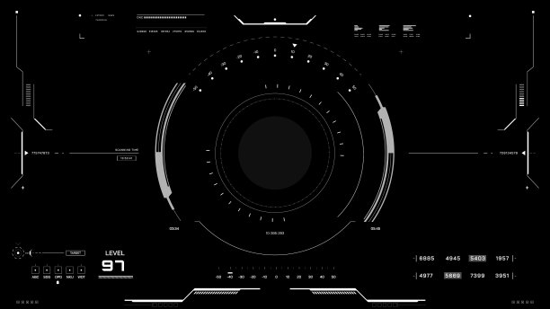 HUD未来元素自动系统扫描用户屏幕界面，赛博朋克抽象屏幕科幻UI监控面板显示图片下载