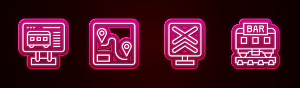 设置线路售票处购票，路线位置，铁路交叉口和餐厅列车。发光的霓虹灯图标。向量图片下载