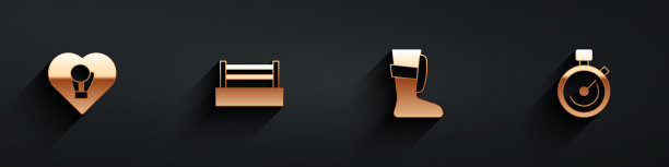 集拳击手套，戒指，运动拳击鞋和秒表图标与长阴影。向量图片下载