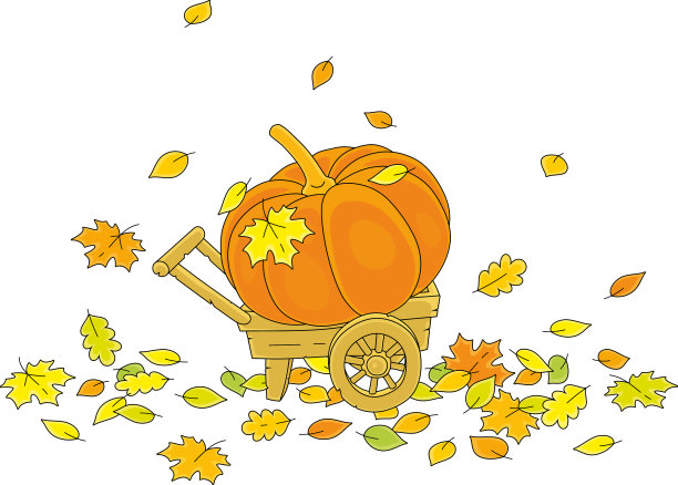 在树叶丛中，独轮手推车上的南瓜图片下载