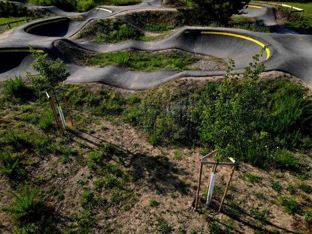 停车场的自行车道用泵(上下移动)代替脚踏和弹跳来移动自行车、踏板车、滑板和单排溜冰鞋图片下载