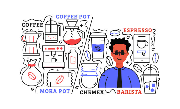 咖啡。设计是可编辑的，颜色可以改变。矢量创意图标集:咖啡树，咖啡豆，拿铁，摩卡壶，咖啡机，法式压滤机图片下载