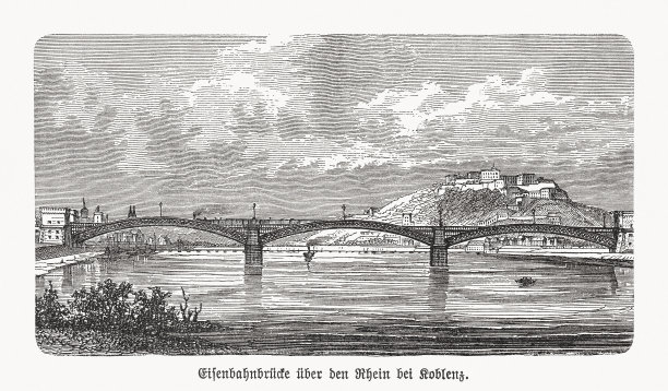 老普法芬多夫桥，科布伦茨，莱茵兰-普法尔茨，德国，木版画，1893年出版图片下载
