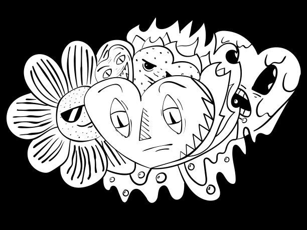 黑白手绘素描的心和花的涂鸦。图片下载