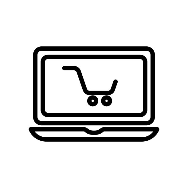 笔记本电脑图标矢量与购物车。网上购物，网上购买，网上商店。行图标风格。简单的设计插图编辑图片下载