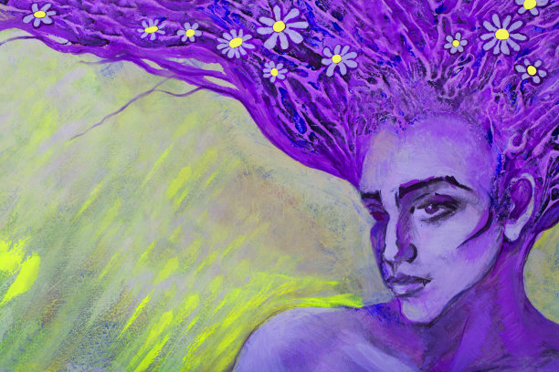 一幅以盛开的雏菊为背景的复古发型长发女子的插画油画图片下载