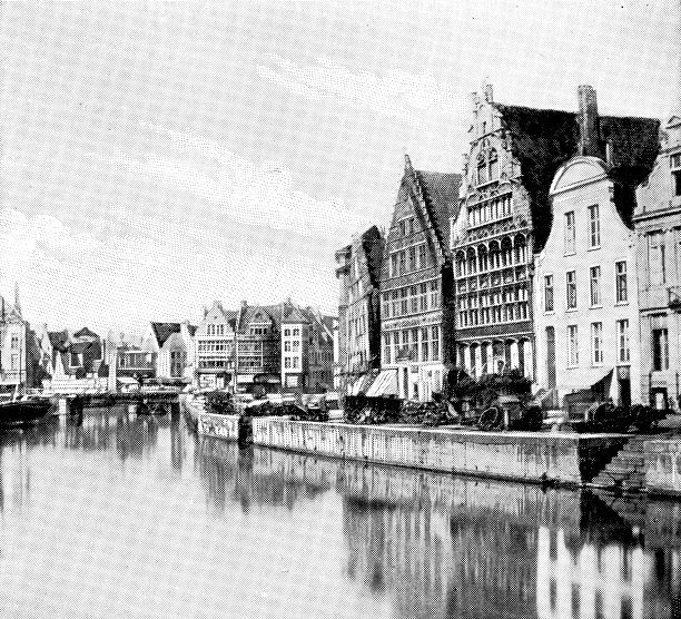 19世纪，比利时根特里斯河上的格拉斯雷码头图片下载