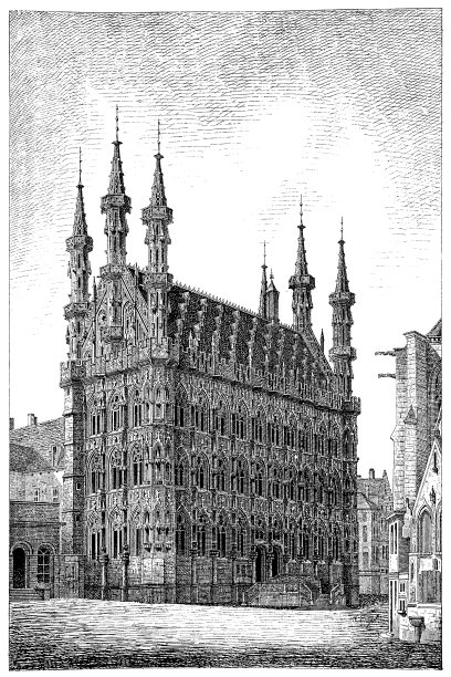 比利时鲁汶市市政厅是该市大市场广场上的标志性建筑，对面是1448年至1469年间布拉班廷晚期哥特式风格的圣彼得教堂图片下载