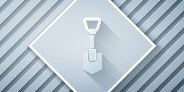 剪纸铲子图标孤立在灰色背景。园艺工具。园艺、农业、农业的工具。纸艺术风格。向量图片下载