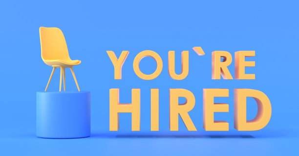 你被雇佣了，横幅上是空荡荡的办公椅，站在高高的讲台上。寻找职位空缺候选人，招聘员工，就业和实习的概念。寻找和招聘员工，3d渲染图片下载