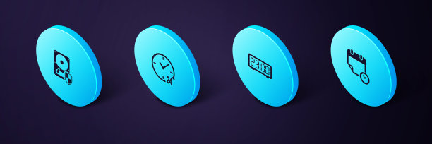 设置等距日历和时钟，数字闹钟，时钟24小时和硬盘驱动器HDD保护图标。向量图片下载