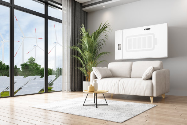 现代客厅独立能源电池家庭储能系统。花园里的风力涡轮机和太阳能电池板图片下载