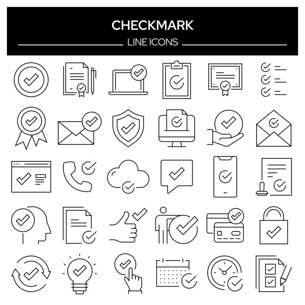 复选标记相关的行图标集。轮廓符号集合，可编辑的描边图片下载