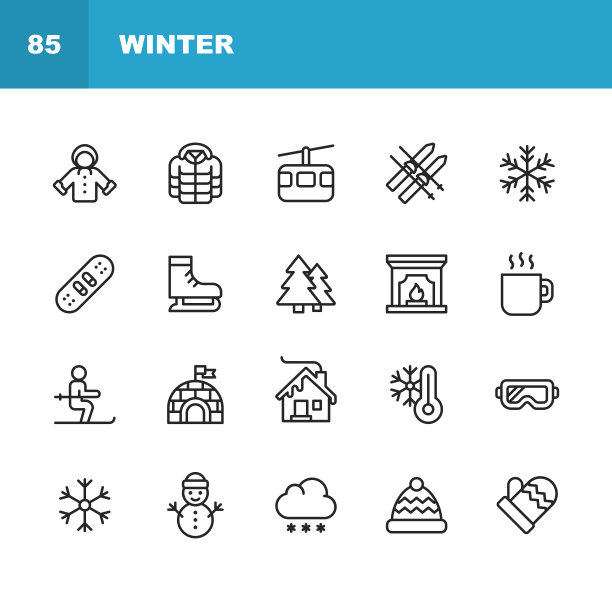 冬天的图标。可编辑的中风。像素完美。移动和网络。包含冬季，季节，雪，滑雪，圣诞节，圣诞树，雪人，热饮，溜冰鞋，夹克，手套，滑雪，壁炉，冰屋。图片下载