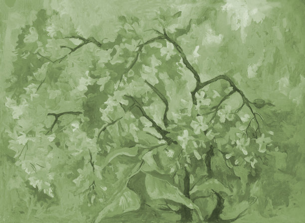 插图油画水平风景的紫丁香花丛在绿色图片下载