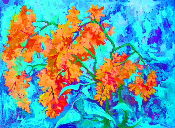 插图油画横向风景的紫丁香花丛图片下载