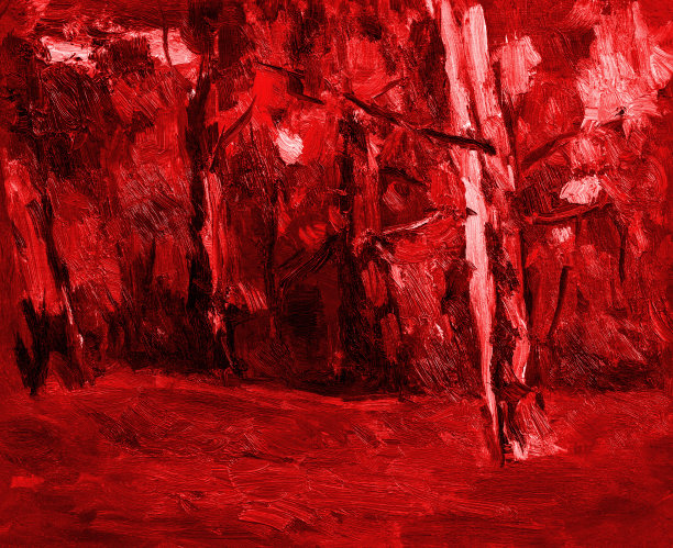 插图油画的自然景观树干与树叶黄草在秋天的背景天空在深褐色图片下载