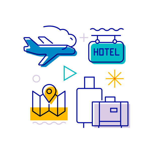 旅游及旅游相关设计元素。带有轮廓图标的图案设计。色彩斑斓的矢量图图片下载