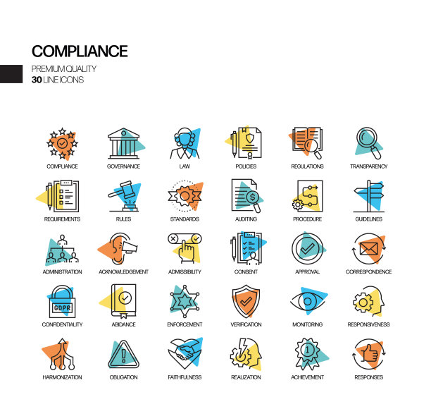合规相关的聚光灯矢量线图标的简单设置。大纲符号集合图片下载