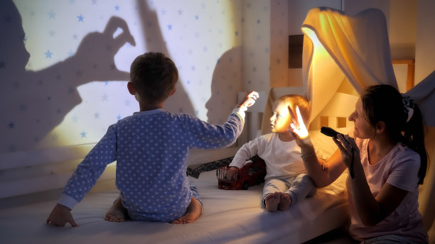 年轻的母亲在玩手电筒，她的两个儿子给他们看墙上的影子图片下载