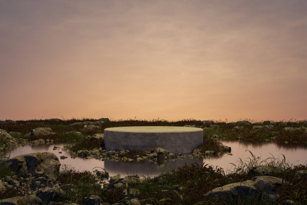 摘要:3d渲染剪影场景和自然讲台背景，石头讲台上的岩石，石头和草地在日落的产品展示，广告，模型，化妆品等图片下载