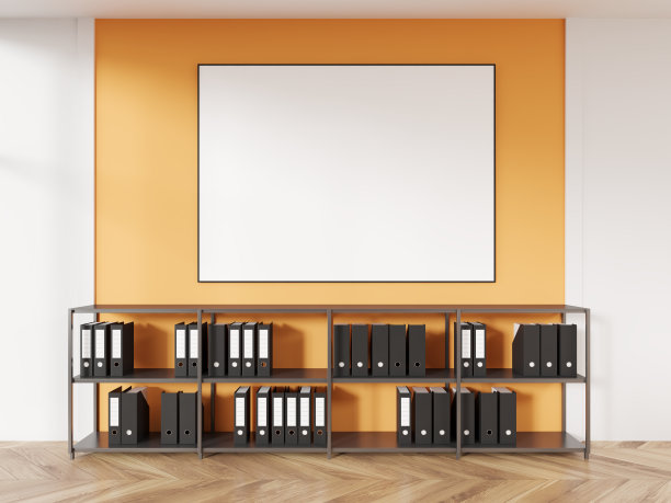 橙色和白色的办公室内部有架子和文件，模型框架图片下载