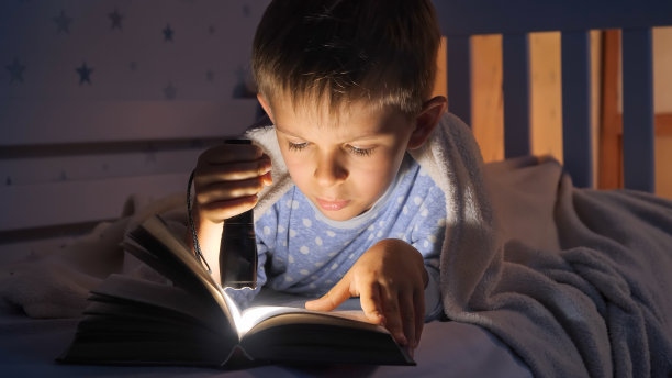 小男孩穿着睡衣，晚上拿着手电筒看书。孩子教育、发展、保密、隐私、读书。图片下载