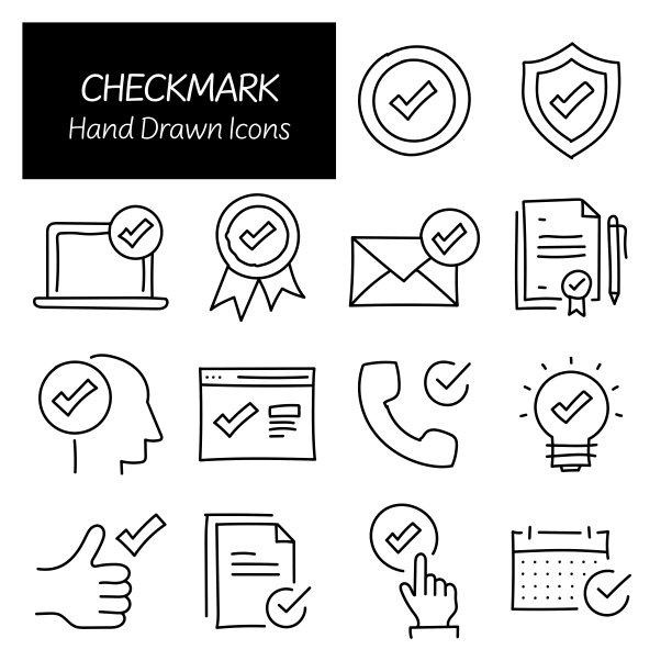 勾选相关的手绘图标，涂鸦元素矢量插图图片下载