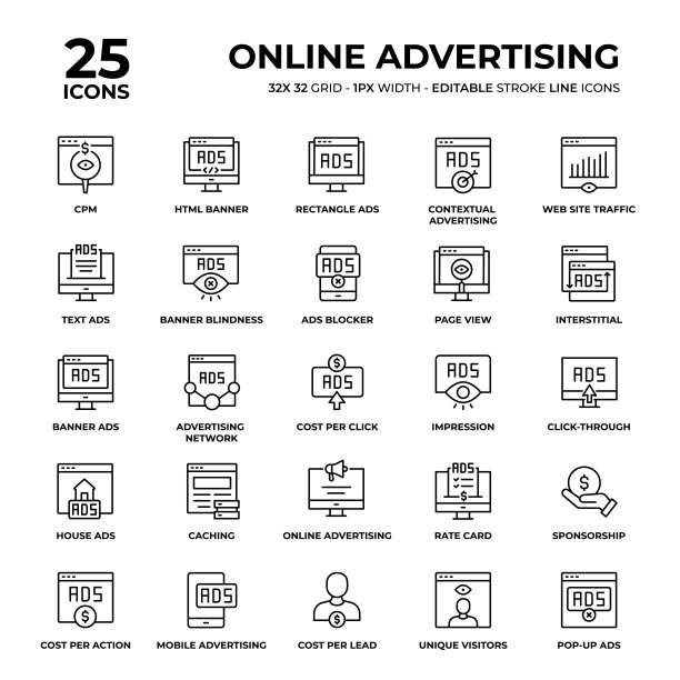 在线广告线图标集图片下载
