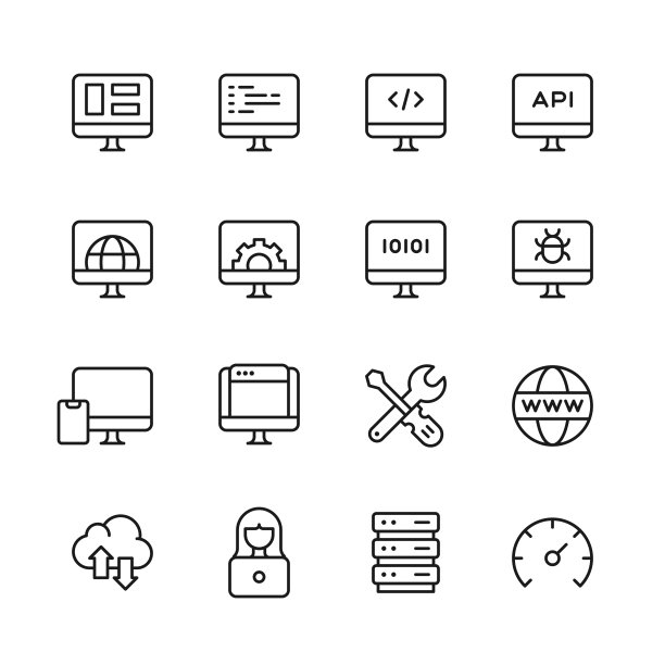 Web开发线图标。可编辑的中风。像素完美。移动和网络。包含人工智能、云计算、数据科学、数据库、设计、工程师、编程、SEO、软件开发、网页设计等图标。图片下载
