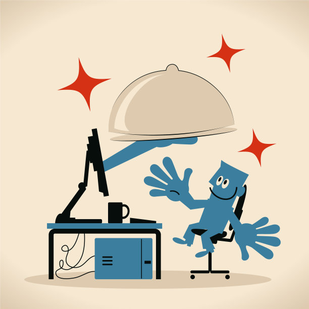 厨师的手从电脑显示器中伸出来，端着带圆顶的托盘(快餐外卖服务)图片下载