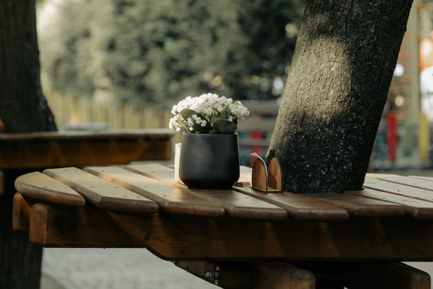 夏天，街边咖啡馆的木桌上放着一盆白花图片下载