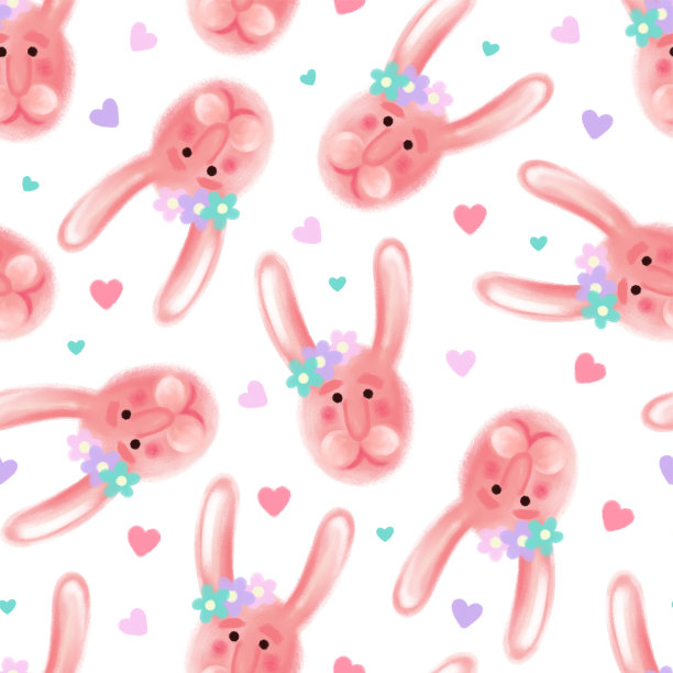 无缝图案与可爱的兔子脸和心图片下载