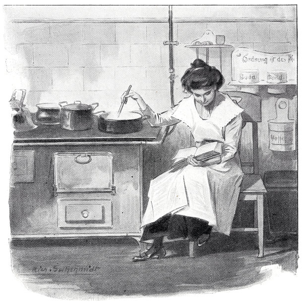 一位年轻的女士坐在烤箱旁，一边看小说一边搅拌炉子上的汤图片下载