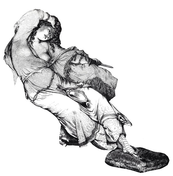 年轻女子一手拿着匕首，躺着，另一只手放在额头上，白色背景图片下载