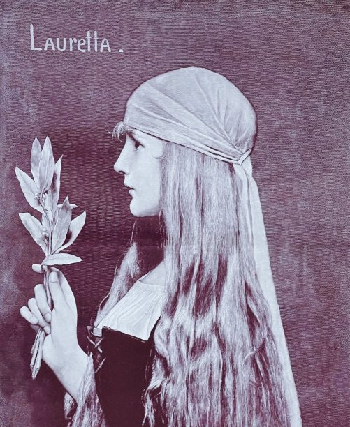 洛蕾塔，年轻女子肖像，侧视，长发，头巾，拿着一根树枝图片下载