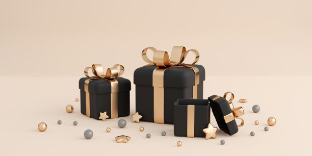 现实礼盒与黄金丝带蝴蝶结。图片下载