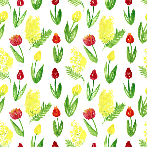 水彩无缝模式。手绘素描风格的郁金香和含羞草。设计织物，墙纸，明信片，邀请函，剪贴簿或包装纸。图片下载