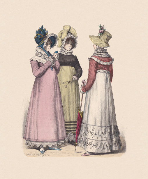 德国的服装;《女装时尚》(1814年)，手工彩绘木雕，c:1880年出版图片下载