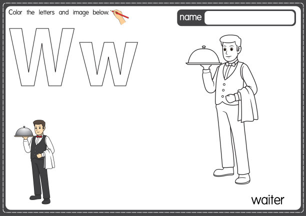 矢量插图的儿童字母着色书页与概述剪贴画，以颜色。字母W代表服务员。图片下载