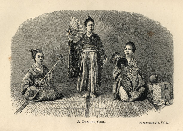 传统的日本舞蹈女孩和演奏三味线和鼓的音乐家，日本历史，19世纪图片下载