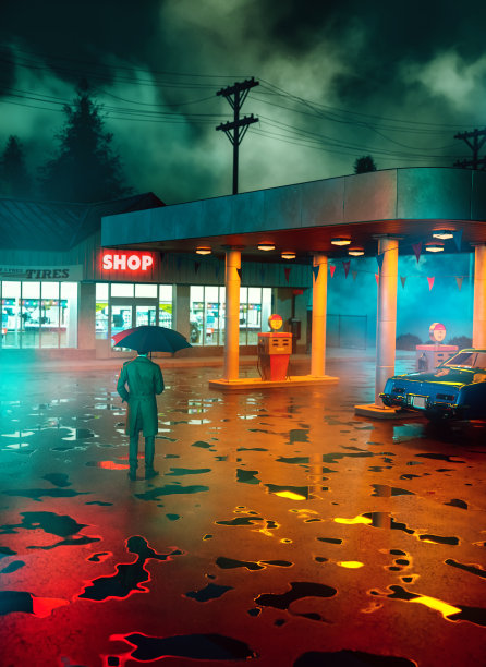 夜间加油站的神秘男子和老爷车图片下载