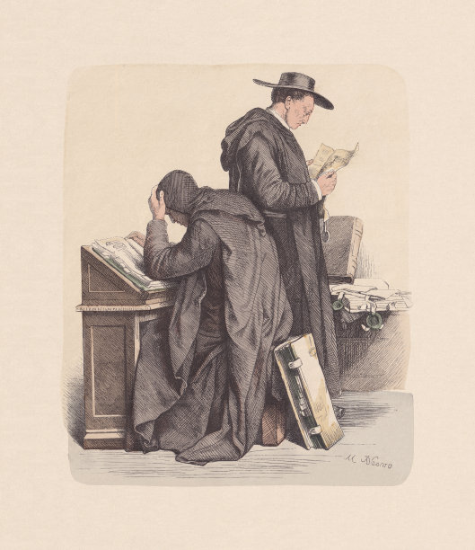 宗教习惯，本笃会修士，手工着色木刻，约1880年出版图片下载