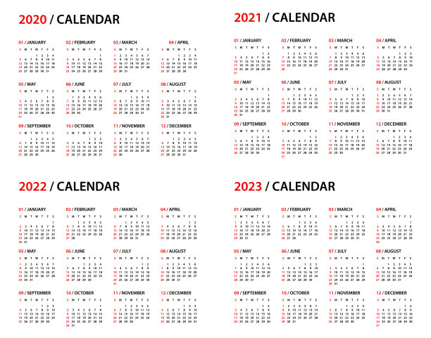 日历2020 2021 2022 2023 -简单布局插图。一周从周日开始。日历设定为2020年、2021年、2022年、2023年图片下载