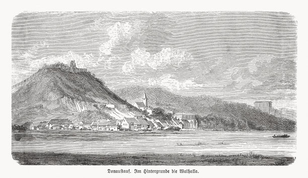 德国巴伐利亚州donauauf的历史观，木刻，1893年出版图片下载
